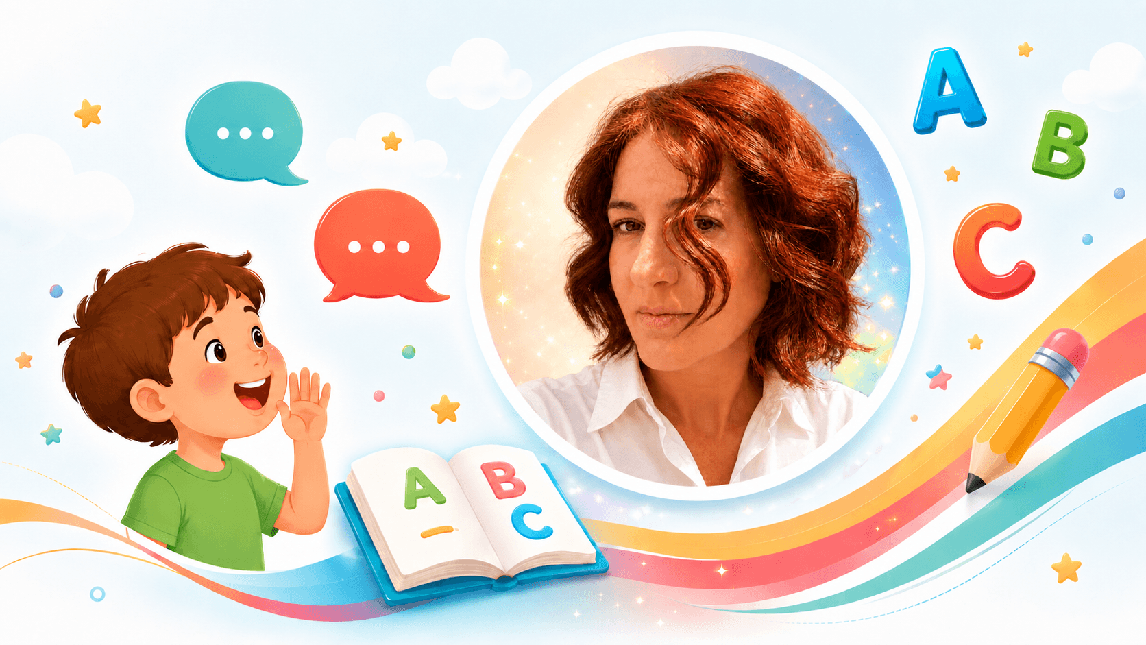 Emanuela Cedone con elementi illustrati ABC, fumetti e materiali per bambini